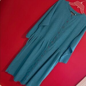 Eileen Fisher Linen Blend Turquoise Midi Dress w/ 3/4 Sleeve Sz 1X